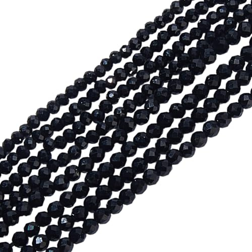 Hobbspring 2 mm, perle di tormalina nere naturali, 2 fili, perle sfaccettate, ca. 370 pezzi, rotonde, sfuse, mini pietre preziose, distanziatori