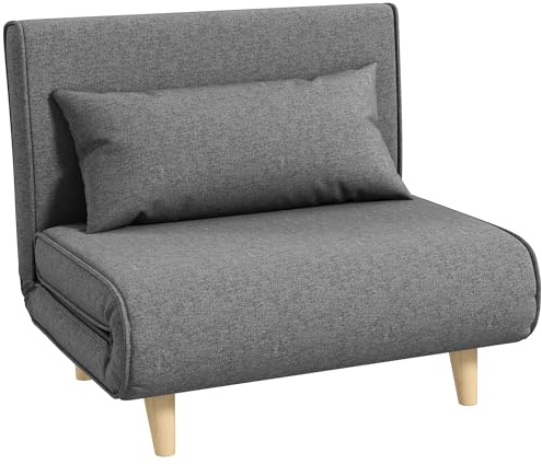 HOMCOM Poltrona Letto Singolo 3 in 1 con Schienale Regolabile in 6 Livelli e Cuscino, Divano Letto Singolo Pieghevole per Camera da Letto e Soggiorno, in Tessuto e Legno, 94x78x80 cm, Grigio