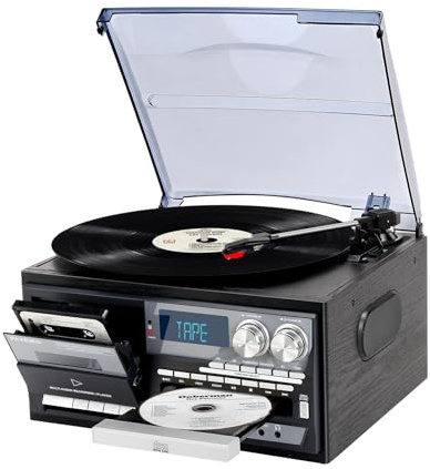 Vintage Record Player 9-in-1 Turntable with Built-in Speakers, AM/FM Radio, CD & Cassette Player, Bluetooth USB/SD Playback, Remote Control, Aux & RCA Inputs, Headphone Jack for Music Fans