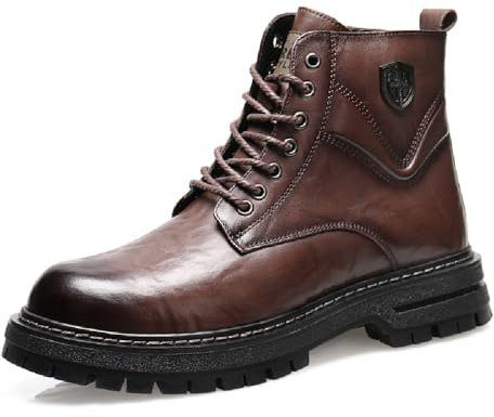 MANLADUO Botas de trabajo de piel auténtica para hombre, estilo británico, botas de plataforma de moda, botas de motocicleta vintage, Marrón, 43 EU
