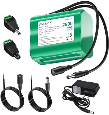 Palogreen 12.6V DC Akku 2800mAh für 12V, Mit 2er-Pack DC-Verlängerungskabel, Akku Klein für LED-Streifen, Camcorder, CCTV-Kamera, Solar Panel, tragbare DVDs, MP3-Playern, Angellichtern, DIY