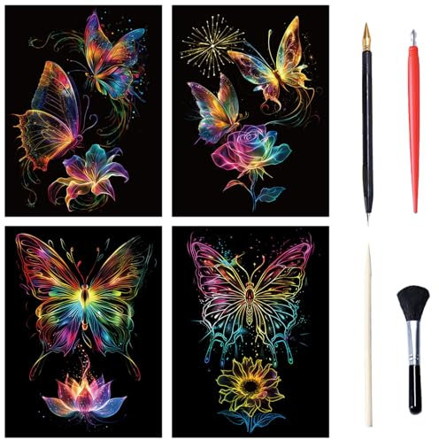 NICEIN Kratzbilder Set A4 für Kinder und Erwachsene - Farbe Kratzpapier mit Tiermotiv, Kreatives Malset mit Schabwerkzeug (Schmetterling)