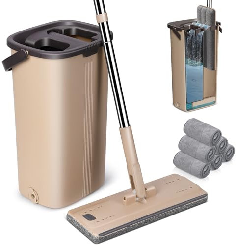 MASTERTOP Mopa Fregona con Cubo Escurridor, Microfibra 360° Fregona Plana y Mango Largo 138cm de Acero Inoxidable con 6 Almohadillas Reemplazables - Adecuado para Doméstico y Oficina (Beige)