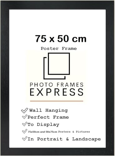 Picture Frame, 75 x 50 cm, Black, Poster Frame, Wall Hanging, Display In Landscape & Portrait with Perspex Sheet, 750 x 500 mm
