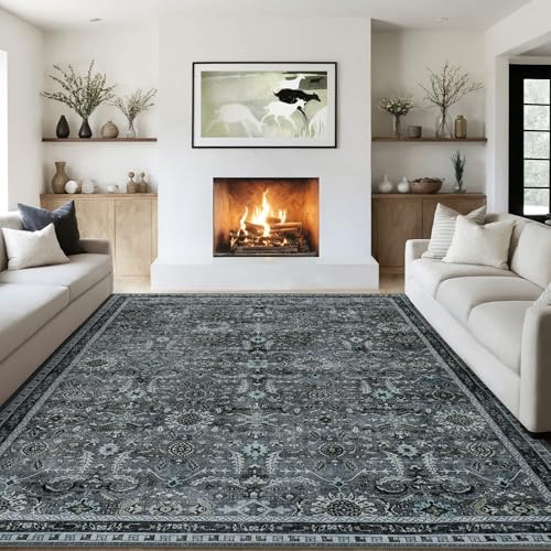 IMIYOKU Tapis Salon 200x290 cm Lavable en Machine Gris Tapis de Chambre Adulte avec Dos Antidérapant Grand Tapis Vintage Oriental Persan à Poils Courts pour Salon Salle a Manger Décoration