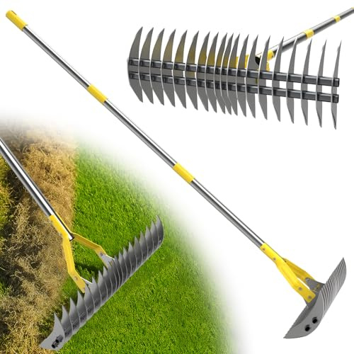 Rastrillo resistente de 178 cm para eliminar el musgo y el césped con hoja afilada para la extracción de hierba tótem para patio, jardín, césped y plata