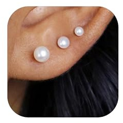 DORANA 3 Pairs 925 Sterling Silver Pearl Stud Earrings for Women Hypoallergenic Silver Studs Earrings Dainty Pearl Stud Earring Cute Earring Set for Multiple Piercings