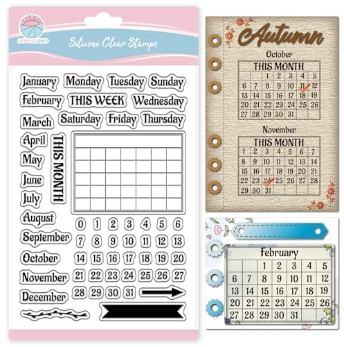 GLOBLELAND Planificador de calendario, sello transparente para scrapbooking, número mensual, sello de silicona, sello de fecha y hora, sello transparente para fabricación de tarjetas, manualidades en