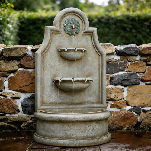 Sunlinua Large Antique Style Garden Water Features Outdoor, 3-Tier Vintage Indoor & Outdoor Wall Fountain with Exquisite Carvings with LED Lights for Backyard, Patio, Entryway, 110.50CM