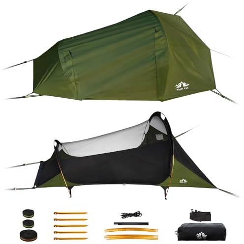 Night Cat Hammock Tent for 1 Person: Triangle Flat Bottom Hammock with Mosquito Net and Outdoor Camping Waterproof Tarp for Backpacking in Jungle Army Green