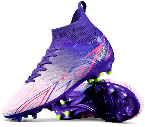 WOWEI Fotbollsskor herr pojkar High Top Spike Cleats professionella fotbollsskor barn sport utomhus atletiska träningsskor fotbollsskor sportskor tävling, violett, 34 EU