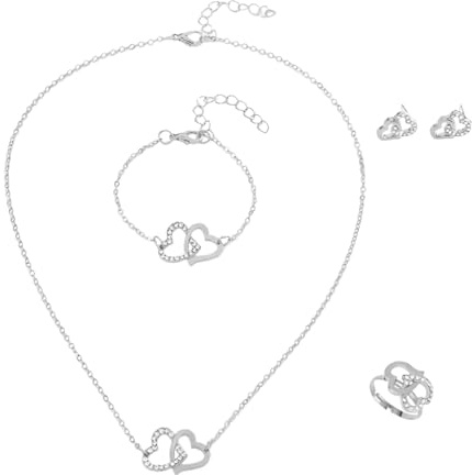 Bcenoilua Parure Gioielli per Donna Ragazze Acciaio Inossidabile Placcato Oro Collana Orecchini Bracciali Anello Parure in Argento con Strass Cuore Pendente Set di Gioielli (Argento, Taglia unica)