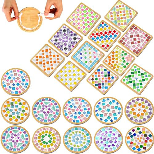 22 Sets DIY Mosaic Coaster Kit, Glass Tiles and Wooden Coasters for Adults | Mixed Colour Glass Mosaic Tiles Craft Kit for Drinks Coasters, Handmade Home Décor and Gifts