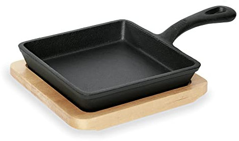 12 x Sartén de hierro fundido cuadrada, con posavasos de madera, no apto para lavavajillas, muy resistente, gran retención de calor, ideal para servir/14 X 14 Cm
