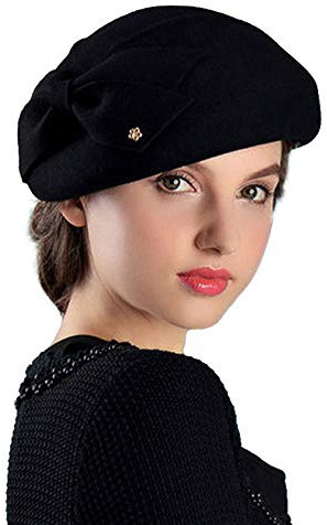 F FADVES Womens Wool Felt French Berets Bowler Hat Artist Boina Bowknot Cap Black