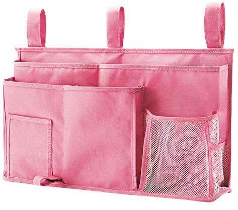 PACOLO Caddy Hanging Organizer Bedside Storage Bag, 600D Oxford Cloth with Hook&Loop Fastener for Bunk and Hospital Beds,Dorm Rooms Bed Rails(8 Pockets) (Pink)
