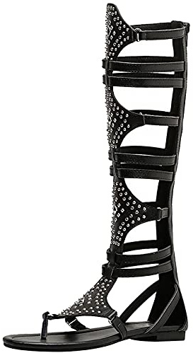 Jamron Femmes Genou Haut Gladiateur Sandales Romaines Rivets Cloutés Fermeture Éclair Tongs Sandales à Lanières Noir SN020342 EU38