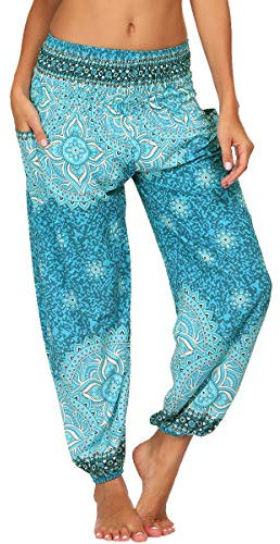 Nuofengkudu Damen Hippie Haremshose Yogahose mit Taschen Thai High Waist Yoga Hosen Leichte Dünn Boho Ethno Muster Strand Sommerhose Pumphose Freizeithose(W-Blau Blumen,One Size)