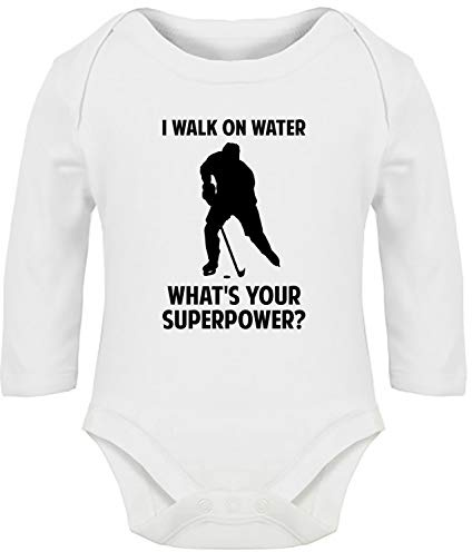 Hippowarehouse I Walk On Water What's Your Superpower Ice Hockey Baby Vest Bodysuit (Long Sleeve) Boys Girls White
