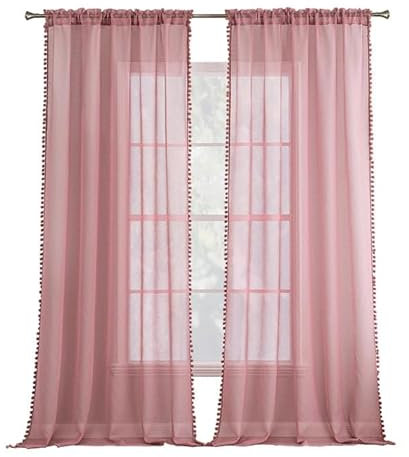 MIULEE Gardinen mit Pompons-Hübsche Altrosa Transparent Gardinen für Kinderzimmer Mädchen, 2 Stücke Vorhang mit Pompons mit Stangendurchzug Durchsichtig Vorhang mit Bommeln, Jeder H 260 X B 140cm