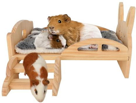 HYLYUN Holz Meerschweinchen Bett mit Treppe und Matte, Holz Meerschweinchen Bett abnehmbare Plattform Meerschweinchen Tiere Kissen Bett für Zwergkaninchen Chinchillas Hamster Frettchen