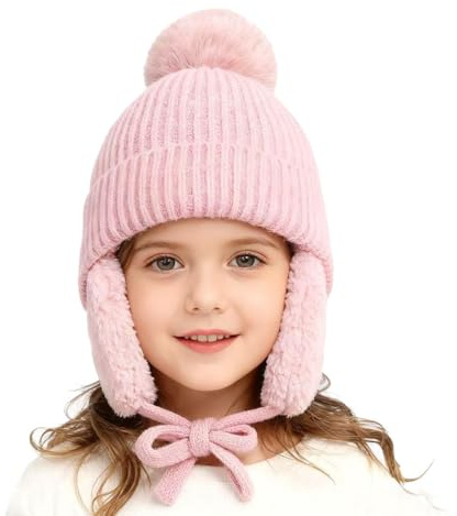 XNDZ Berretto invernale per bambini, caldo, con paraorecchie, per ragazzi e ragazze, foderato in pile spesso, con pompon, rosa, 3-12 Years