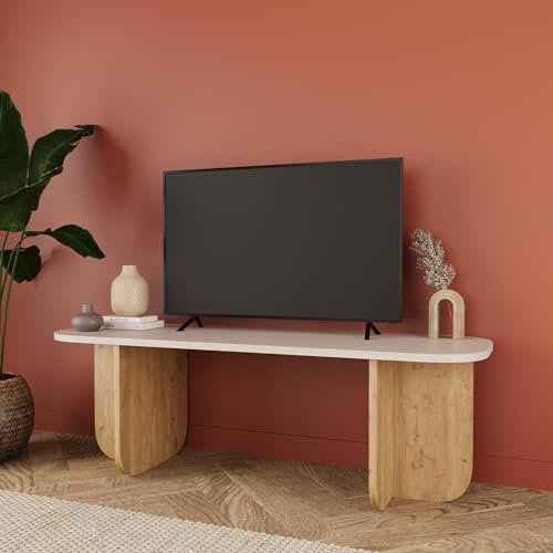 Wooden TV Stand – 100 cm Small TV Unit, for 40'' TVs, Modern Compact TV Table Stand with Curved Edges, Open Shelf & Cabinet Storage for Living Room, Fully Assembled Wood Unit (Light Grey&Oak, Beca)