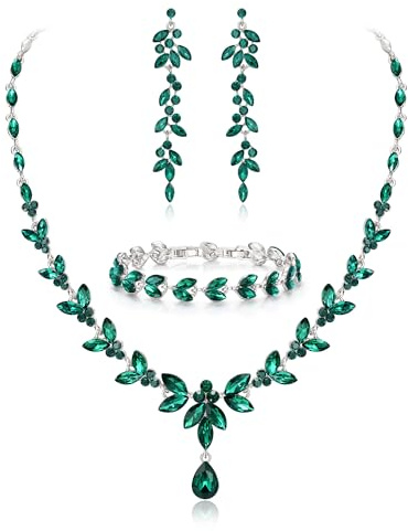 EVER FAITH Set de joyas con cristal austriaco para novia, elegante cadena de hoja de strass en forma de marquesa con colgantes de pendientes y pulsera de tenis, Collana: 45 cm - 50.5 cm, Orecchini: 8