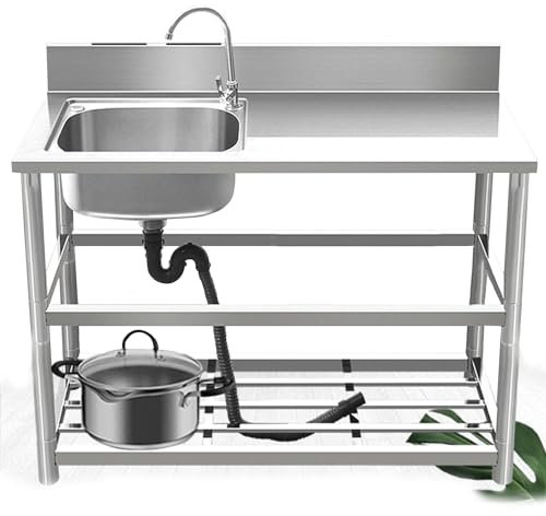 Edelstahl Spültisch Outdoor Spülbecken Freistehende Kitchen Sink Waschbecken Mobiles Küchenspüle Organizer Gastro Spüle 1 becken Waschtisch mit Heiß-/kaltwasserhahn für Außen Küche Garten Camping (C