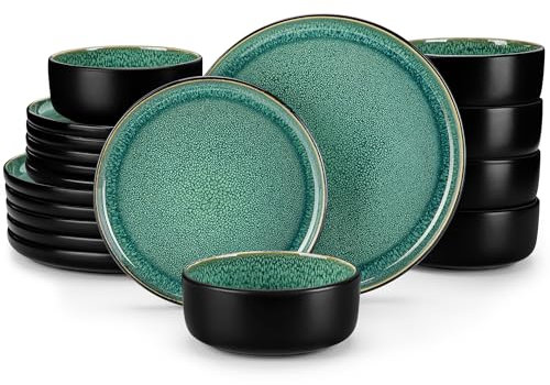 vancasso Dinner Set, Reactive Glaze Dinner Sets for 6 People, 18-Piece Mediterranean Crockery Set with Dinner Plates, Dessert Plate and Cereal Bowls, Playa Green
