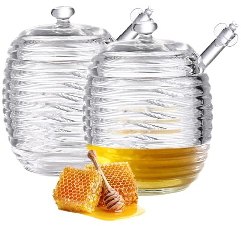 Osuter 2 Pièces Pot Miel En Verre, 240ml Avec Cuillère et Pots à Miel pour Home Utiliser Cuisine Servir Le Miel et Le Sirop