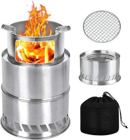 Hornillo grande Hobo para acampar al aire libre de acero inoxidable, estufa de madera plegable de acero inoxidable, horno de camping para camping, mochilero, bushcraft 20 x 31 cm, con parrilla y bolsa