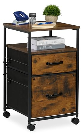 Relaxdays Caisson à roulettes, 2 tiroirs, dossiers Suspendus, Design Industriel, H x L x P : 68 x 40 x 40 cm, Brun/Noir