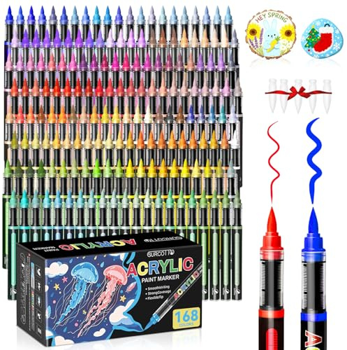 Surcotto Pennarelli Acrilici, 168 Colori Acrylic Marker Brush Pen per Colorazione, Sassi, Tessuti, Metallo, Vetro, Legno, Plastic, Tela, Ceramica, Pennarelli per Colorare Adulti