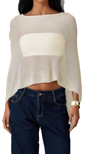 RUINIXCW Y2K Women's Off Shoulder Knit Cover Ups Batwing Sleeves Fringe Trim Hollow Out Pullover Tops Sexy Streetwear Poncho