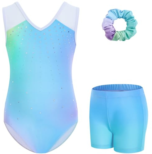 Gogokids Conjunto de 3 piezas de gimnasia para niñas, cuello en V, con purpurina, leotards, para niños, con pantalones cortos y goma para el pelo para ballet, yoga y actuaciones, edades 3-12