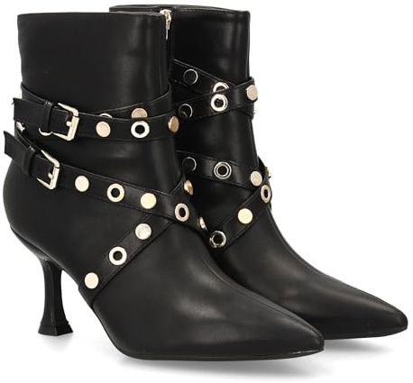 96662 Botin de tacon fino para mujer, diseno de tiras cruzadas con hebillas metalicas y apliques redondos, estilo rockero motero, con punta fina. Ideal para la temporada otono invierno. Negro Talla 36