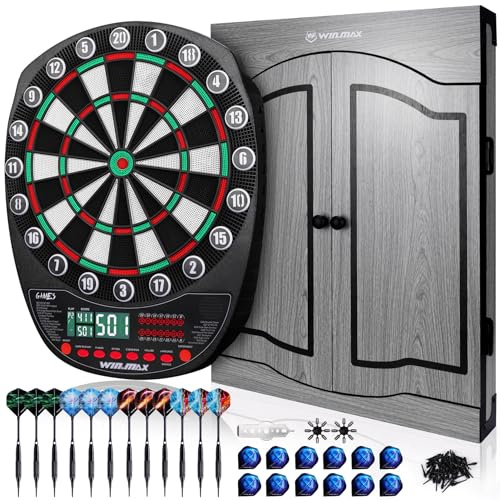 WIN.MAX Electronic Dart Board Soft Tip Dartboard Set LED Displays 3 Languges with Door Silver