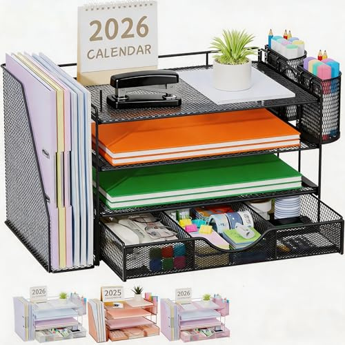 Quhombo Desk Organiser with File Holder,4-Tier Desk Organisers and Accessories with 2 Pen Holders and Drawer,Paper Letter Tray Storage with Magazine Holder for Home Office Supplies(black)