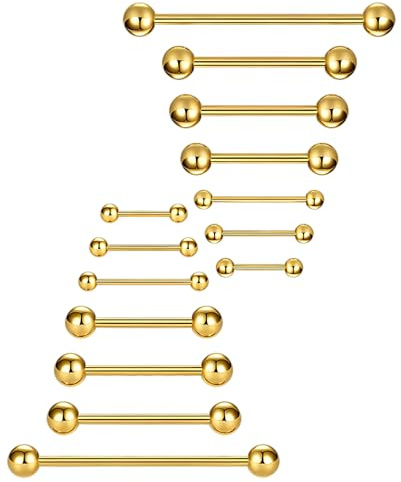TOZBLEU 16 pcs Barra de Piercing Recta Titanio Quirúrgico para Lengua y Pezón Joyería Corporal Antialérgica Perforación Cuerpo Piercings Barra de Titanio oro