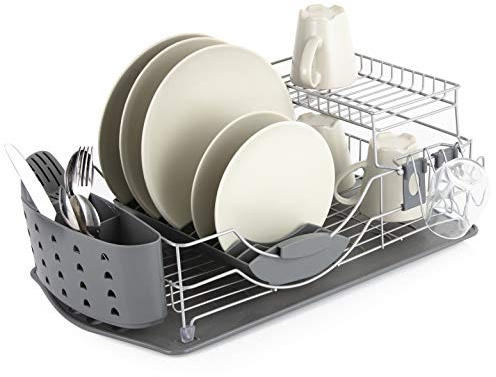 Tower T847002 Compact 2-Tier Dish Rack with Cutlery Drainer, Removable Draining Tray, Colour Coated Steel, Grey , 33 x 61 x 24 cm