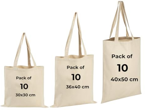 IMFAA Canvas Tote Reusable Shopping Bags, Pack of 10, 100% Cotton, Ideal for Printing and Embroidery in Multi-Colours, Cotton Lining, Machine Wash, Unisex-Adults