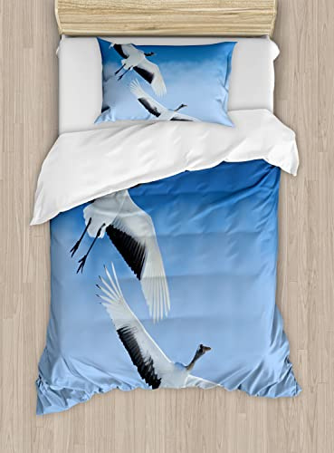 Ambesonne Bird Duvet Cover Sets, 2 Red Crowned Crane with Open Wings Flying in Clear Sky Japanese Animal Duo, Bedding Set with 2 Duvet Covers & 4 Pillowcases, 2 Pack King Size, Blue White Black