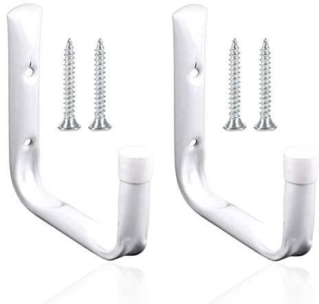 SR ESSENTIALS 2-Pack Wall Mounted Garage Hooks – Heavy Duty Universal Storage Hangers for Bikes, Tools, Ladders, Garden Equipment & Folding Chairs – White Steel Utility Wall Rack with Safety Caps