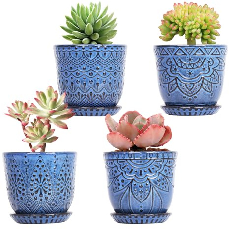 Gepege Succulent Pots, 4 Inch Small Indoor Ceramic Planter Pot with Drainage Holes and Saucers for Plants- Blue - Set of 4