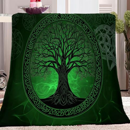Decke Weich Flanell Plüsch Fleece Wohndecke Einfacher Keltischer Lebensbaum Muster Überwurf Decke, Leichte Gemütliche Plüschdecke Dunkelgrün für Schlafzimmer Wohnzimmer Sofa Tagesdecke 100 x 130 cm