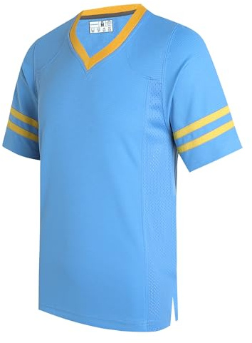 dolessismore Plain Men's Football Jerseys for Unisex V-Neck Fitness T-Shirts Workout Outfits Casual Party Tops, Yellow Stripe-Light Blue Jersey, Medium