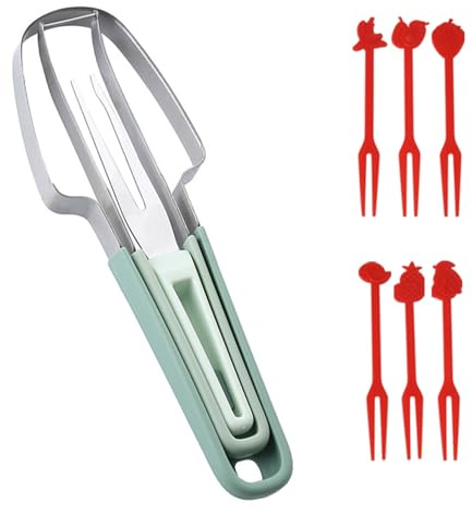 WUBAYI 3-in-1 Edelstahl Obstschneider – Doppelkopf Melonengabel & Schneidemesser mit Griff, Wassermelonen-Schneider für Sommerfrüchte, Grün, 2025 Neu