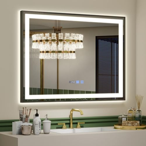 YU YUSING Espejo de Baño con Luz LED 70x50cm, Espejo Cosmético Luminoso de Pared con 3 Colores Ajustables, Marco de Metal, Indicación de Hora, Antivaho, IP44 Impermeable, Horizontal, Color Negro