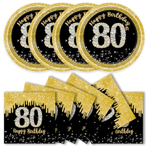 50 Pcs 80th Birthday Paper Plates and Napkins Party Supplies, Black Gold 80th Party Plates and Napkins Tableware Set for Men Women Anniversary 80 th Birthday Decorations